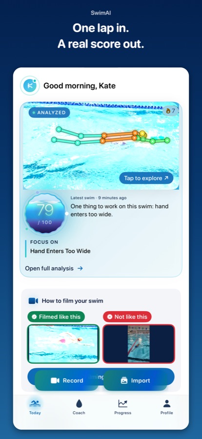 Today screen with an analysed swim