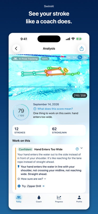 Analysis screen with AI pose tracking, strokes and stroke rate